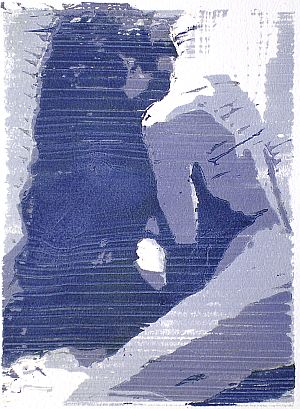 Michael Daum, Kauernde ( in blau), 2003, Farbholzschnitt auf Papier, 25,0 cm x 35,0 cm