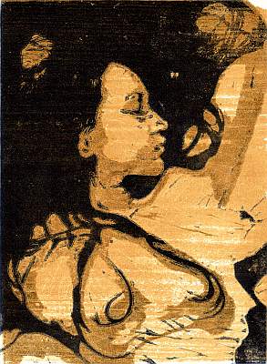 Michael Daum, Liegende ( in gelb), 2003, Farbholzschnitt auf Papier, 25,0 cm x 35,0 cm