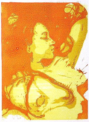 Michael Daum, Liegende ( in rot), 2003, Farbholzschnitt auf Papier, 25,0 cm x 35,0 cm