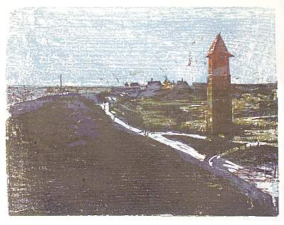 Michael Daum, Deich von Dageb&uuml;ll, 1994, Farbholzschnitt auf Papier, 70,0 cm x 50,0 cm