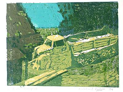 Michael Daum, Holzplatz, 1994, Farbholzschnitt auf Papier, 70,0 cm x 50,0 cm