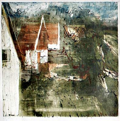 Michael Daum, Dorfrand, 1995, Polychrome Monotypie auf Papier, 60,0 cm x 62,0 cm