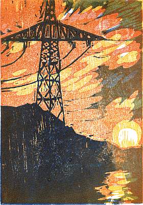 Michael Daum, Strommast, 2000, Farbholzschnitt auf Papier, 18,5 cm x 20,0 cm