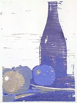 Michael Daum, &Auml;pfel und Flasche ( in Blau), 2004, Farbholzschnitt auf Papier, 25,0 cm x 35,0 cm