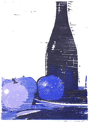 Michael Daum, &Auml;pfel und Flasche ( in Dunkelblau), 2004, Farbholzschnitt auf Papier, 25,0 cm x 35,0 cm
