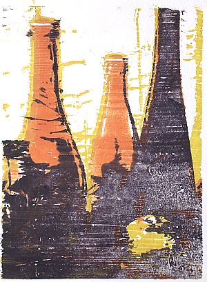Michael Daum, Flaschen ( in Rot), 2004, Farbholzschnitt auf Papier, 25,0 cm x 35,0 cm
