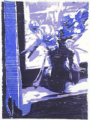 Michael Daum, Tulpen klein ( in Dunkelblau), 2004, Farbholzschnitt auf Papier, 25,0 cm x 35,0 cm
