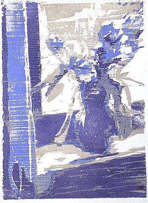 Michael Daum, Tulpen klein ( in blau), 2004, Farbholzschnitt auf Papier, 25,0 cm x 35,0 cm