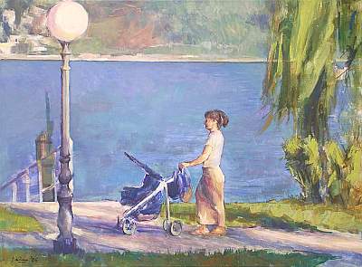 Michael Daum, Frau mit Kinderwagen, 2006, Eitempera auf Leinwand, 80,0 cm x 60,0 cm