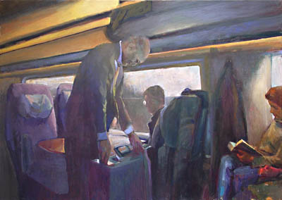 Michael Daum, Reisende im ICE , 2008, Eitempera auf Leinwand, 130,0 cm x 93,0 cm