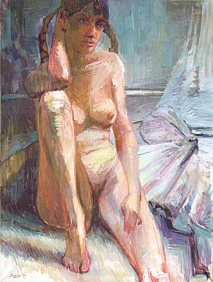 Michael Daum, Akt mit Zopffrisur, 2001, Eitempera auf Leinwand, 80,0 cm x 105,0 cm