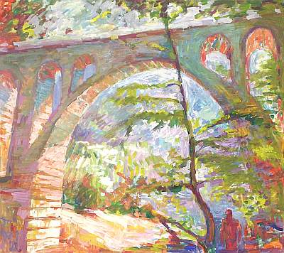 Michael Daum, Bad vor der Br&uuml;cke, 1997, Eitempera auf Leinwand, 100,0 cm x 90,0 cm