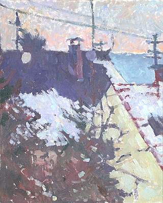 Michael Daum, Schnee auf D&auml;chern, 1994, &Ouml;l auf Hartfaser, 44,0 cm x 49,0 cm