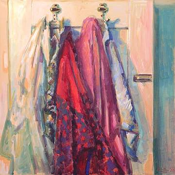 Michael Daum, Badem&auml;ntel vor Badt&uuml;r, 2000, Gummitempera auf Papier, 70,0 cm x 70,0 cm