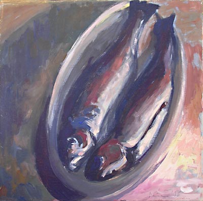 Michael Daum, Fischstilleben, 1996, Eitempera auf Spanplatte, 40,0 cm x 40,0 cm