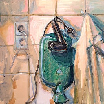 Michael Daum, Stilleben mit F&ouml;hn und W&auml;rmflasche, 2000, Gummitempera auf Papier, 70,0 cm x 70,0 cm